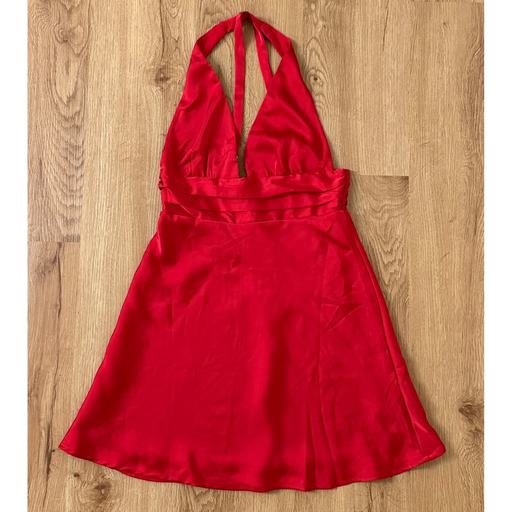 Hello Molly Silky Moment Satin Plunge Mini Dress Red Cross Back Straps XS 2 NEW